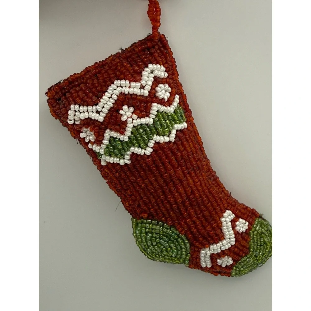 Vtg Beaded Christmas Stocking Ornament Red Green White Seed Bead Holiday Decor